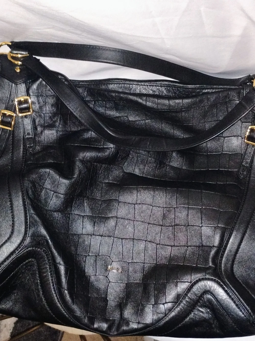Lauren Ralph Lauren Black Croc Embossed Large Shoulder Tote Bag Gold Hardware